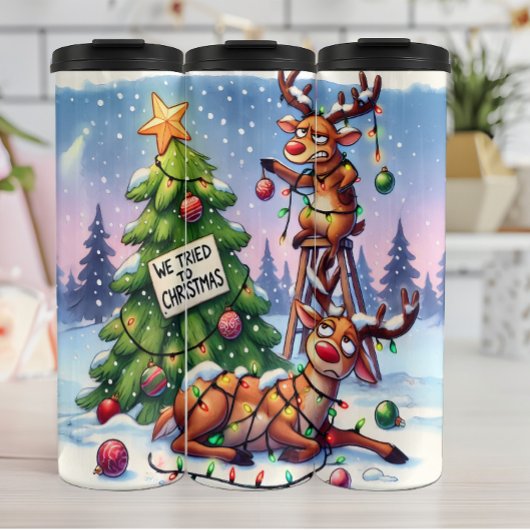 Funny Reindeer versucht zu Weihnachten Thermosbecher