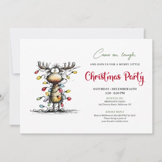 Funny Reindeer Watercolor Christmas Party Card Einladung (Vorderseite)
