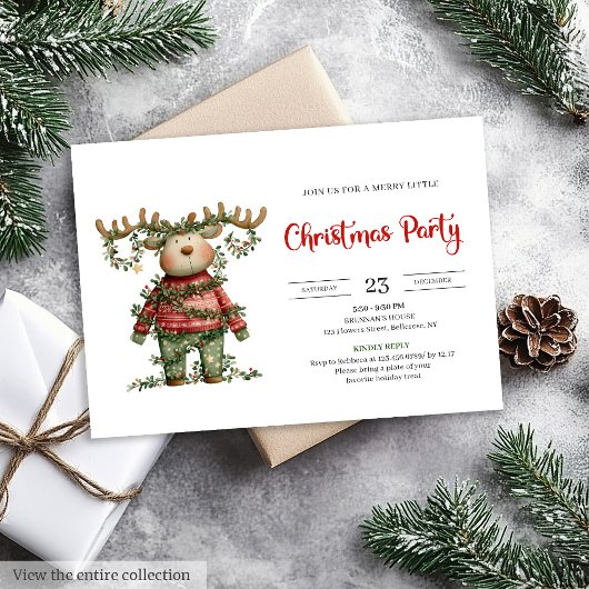 Funny Reindeer watercolor red green holiday invite Einladung