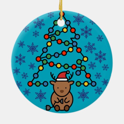 Funny Reindeer with Plug and Christmas Light Tree Keramik Ornament (Hinten)