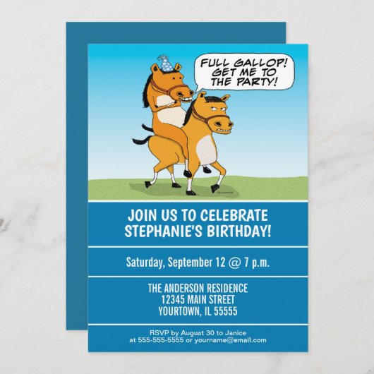 Funny Reitpferd Geburtstagsparty Einladung (Vorne/Hinten)