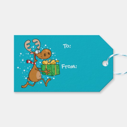 Funny Rentier läuft mit einem Geschenk Geschenkanhänger (Vorderseite (Horizontal))