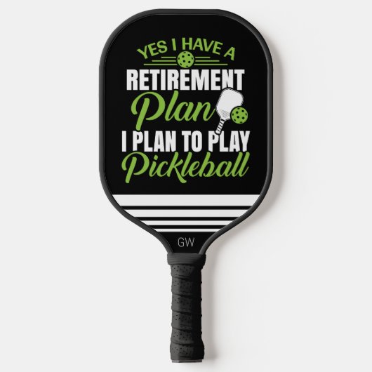Funny Retirement Black and Green Monogram Pickleball Schläger (Vorderseite)