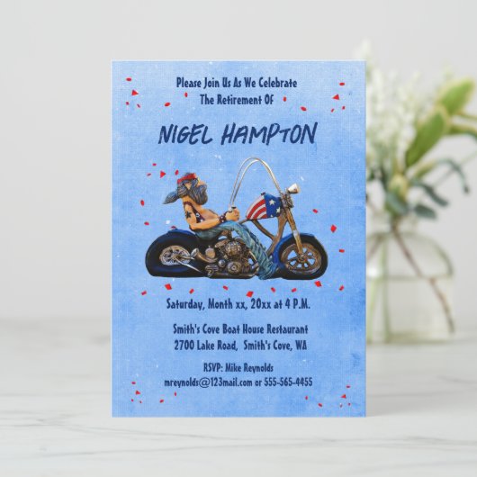 Funny Retirement Party Biker Einladung (Stehend Vorderseite)