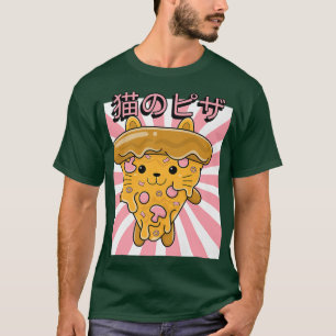 Funny Retro 90s Japanese Kawaii Cat Pizza Design  T-Shirt