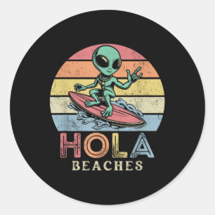 Funny Retro Alien Surfer Holen Strand Sonnenunterg Runder Aufkleber