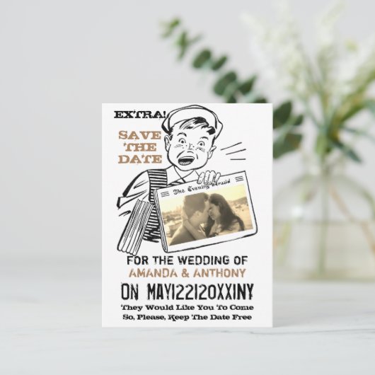 Funny Retro benutzerdefiniertes Foto Save the Date Einladungspostkarte (Stehend Vorderseite)