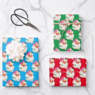 Funny Retro Blue Red Santa Claus Weihnachten Weihn Geschenkpapier Set