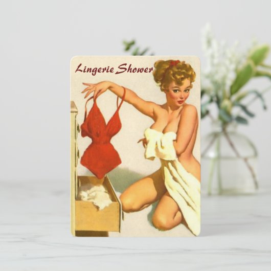 Funny Retro Button Dessous Dusche Einladung (Stehend Vorderseite)
