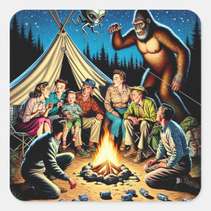 Funny Retro Campfire Geschichte   Bigfoot Quadratischer Aufkleber