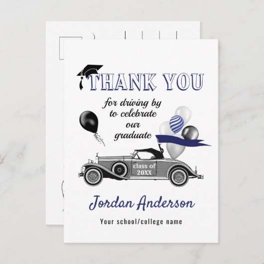 Funny Retro Car Drive By Abschluss Danke Anno Ankündigungspostkarte (Vorne/Hinten)