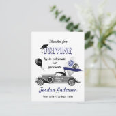 Funny Retro Car Drive Per Abschluss Danke Postkarte (Stehend Vorderseite)