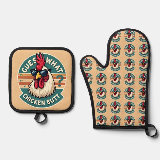 Funny Retro Chicken Hintern Jodesign Ofenhandschuh & Topflappen-Set (Vorderseite)