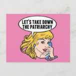 Funny Retro Feminist Pop Postkarte<br><div class="desc">Lasst uns das Patriarchiegeschenk abnehmen. Niedliche Retro-Pop Kunst Feminismus Design für eine starke Pro-Wahl Frauen wählen für die weibliche Führung in unserem Land. Setzen Sie sich mit diesem coolen politischen Humor-Cartoon für Frauenrechte und Frauenförderung ein, der von einer hübschen blonden Führungspersönlichkeit begleitet wird, die einen FrauenMärz auf einem Vintagen Telefon...</div>