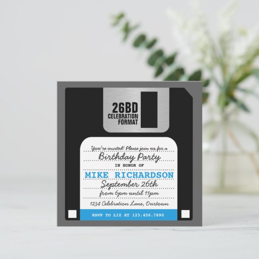 Funny Retro Floppy Disk Party Einladung (Stehend Vorderseite)