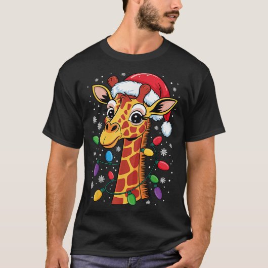 Funny Retro Giraffe Lover Santa Hat Christmas Ligh T-Shirt (Vorderseite)