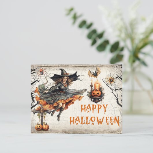 Funny Retro Halloween spukhafte böse Hexe Postkarte (Stehend Vorderseite)