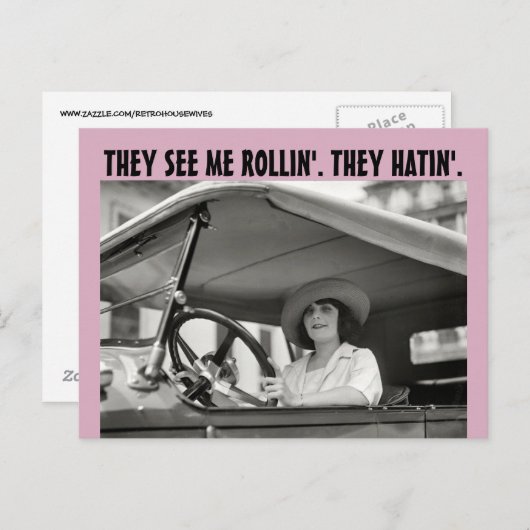 FUNNY RETRO HOUSEWIFE SIE SEHEN MIR ROLLIN Postkar Postkarte (Vorne/Hinten)