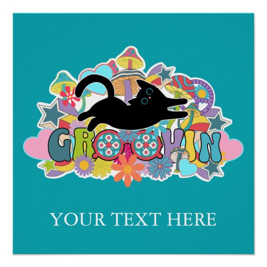 Funny Retro Pilze Groovin Blume Schwarze Katze Poster (Vorderseite)
