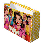 Funny Retro Pop Art Birthday Party Surprise Große Geschenktüte (Vorderseite Schrägansicht)