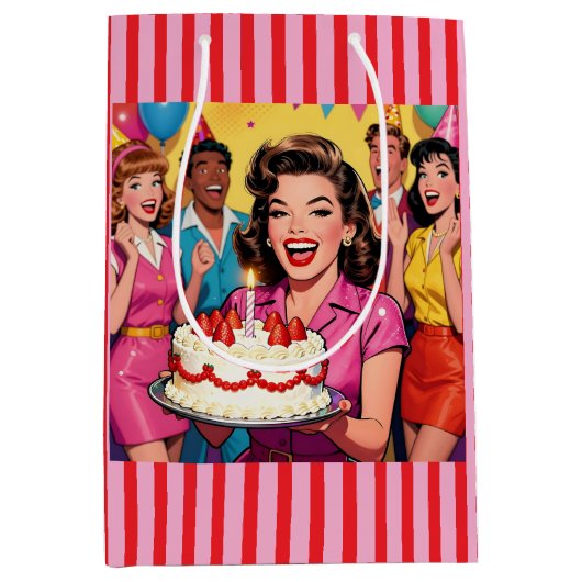 Funny Retro Pop Art Birthday Party Surprise Mittlere Geschenktüte (Vorderseite)