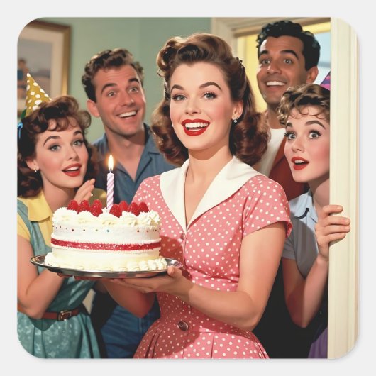 Funny Retro Pop Art Birthday Party Surprise Quadratischer Aufkleber (Vorderseite)