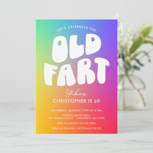 Funny Retro Regenbogen Alte Furz jedes Lebensalter Einladung (Stehend Vorderseite)