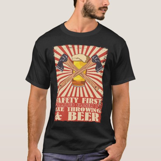 Funny Retro Safety First Axe Throwing and Beer Vik T-Shirt (Vorderseite)