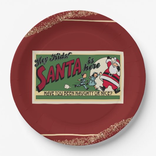Funny Retro Santa Text Glitzer Naughty oder Nice F Pappteller (Vorderseite)