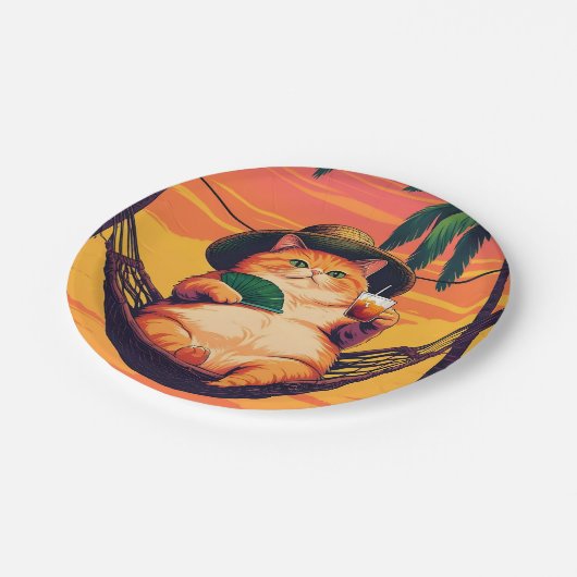 Funny Retro Sommerkatzenurlaub Pappteller (Schrägansicht)