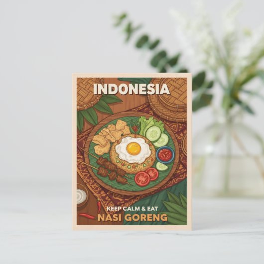 Funny Retro Travel Indonesia Nasi Goreng Food Postkarte (Stehend Vorderseite)