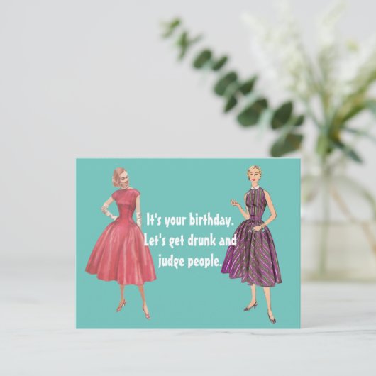 Funny Retro Women Lets Get Drunk Birthday Card Postkarte (Stehend Vorderseite)