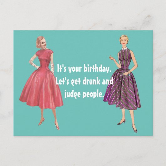 Funny Retro Women Lets Get Drunk Birthday Card Postkarte (Vorderseite)