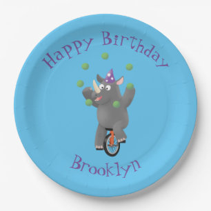 Funny Rhino auf Einrad personalisierten Geburtstag Pappteller