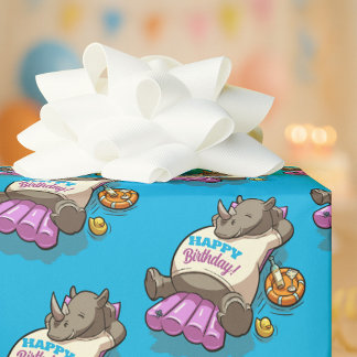 Funny Rhino Happy Birthday! Pool Party Cartoon Geschenkpapier
