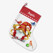 Funny Ribbon Gnome mit Vögeln Personalisiert Großer Weihnachtsstrumpf (Vorderansicht (hängend))
