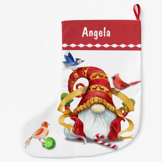 Funny Ribbon Gnome mit Vögeln Personalisiert Großer Weihnachtsstrumpf (Rückseite)