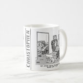 Funny Robot Cartoon. Ehefrau ist im Bett mit einem Kaffeetasse (VorderseiteRechts)