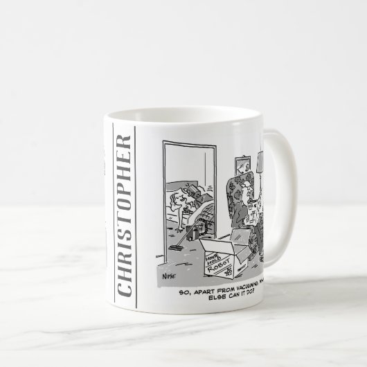 Funny Robot Cartoon. Ehefrau ist im Bett mit einem Kaffeetasse (VorderseiteRechts)