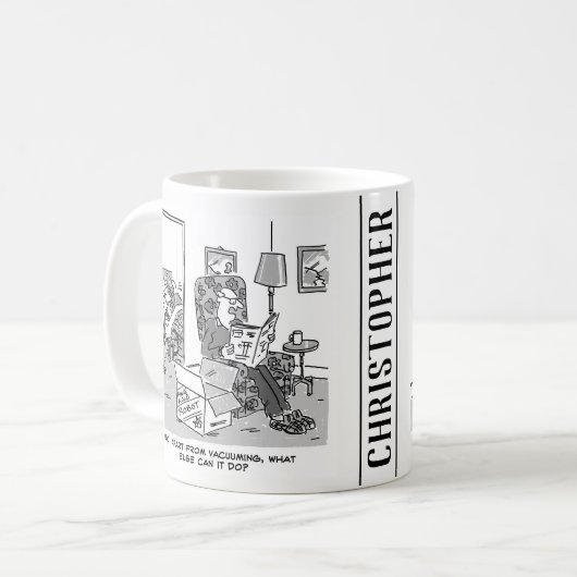 Funny Robot Cartoon. Ehefrau ist im Bett mit einem Kaffeetasse (Vorderseite Links)