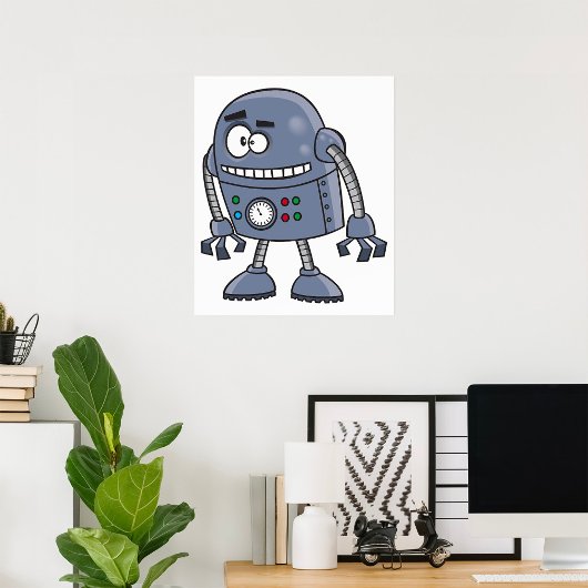 Funny Robot Character Niedlich Blue Retro Poster