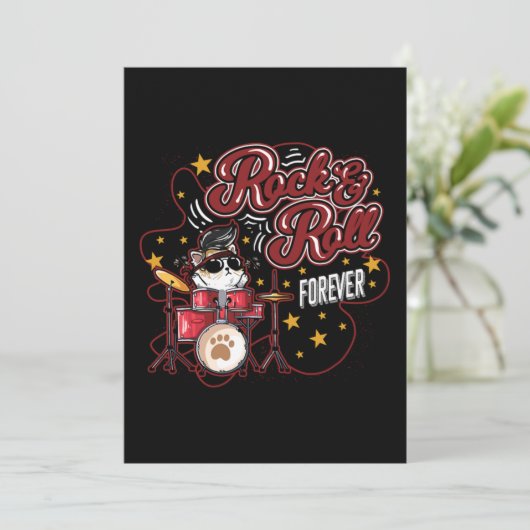 Funny Rock'n'Roll Forever Cool Drummer Cat Einladung (Stehend Vorderseite)