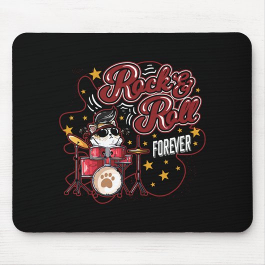 Funny Rock'n'Roll Forever Cool Drummer Cat Mousepad (Vorne)