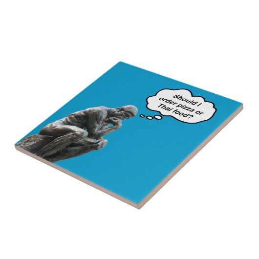Funny Rodin Thinker Statue - Pizza oder Thai Food? Fliese (Seite)