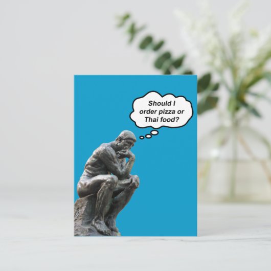Funny Rodin Thinker Statue - Pizza oder Thai Food? Postkarte (Stehend Vorderseite)