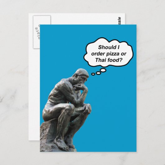 Funny Rodin Thinker Statue - Pizza oder Thai Food? Postkarte (Vorne/Hinten)
