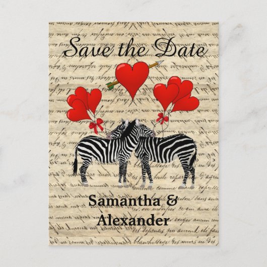 Funny romantic Zebra Save the Date Ankündigungspostkarte (Vorderseite)