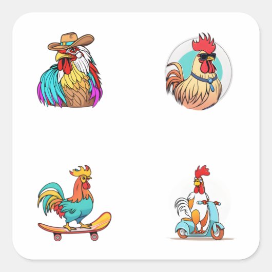 Funny Rooster Cartoon Character 4 Pack Stickers (Vorderseite)