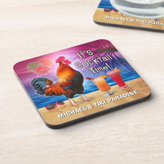 Funny Rooster Chicken Cocktail Tropischer Strand N Getränkeuntersetzer (Linke Seite)