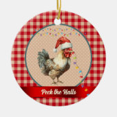 Funny Rooster Peck die Hallen Weihnachts-Lichter Keramik Ornament (Vorne)